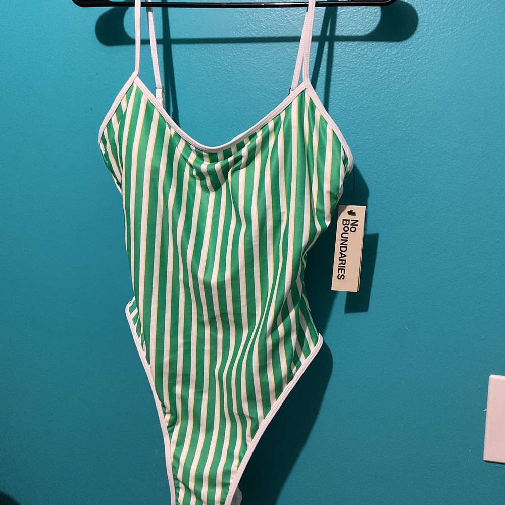 No Boundaries Green & White Striped Girls' One-Piece Swimsuit